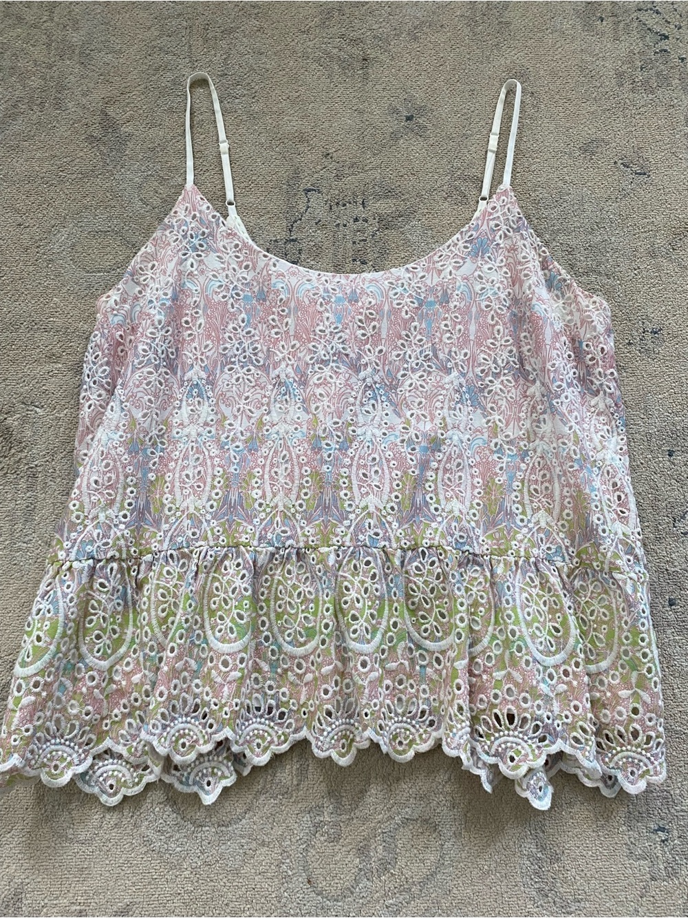 Anthropologie Feather & Bone Cami Eyelet Split Back Peplum 4 Pastel Soft Girl